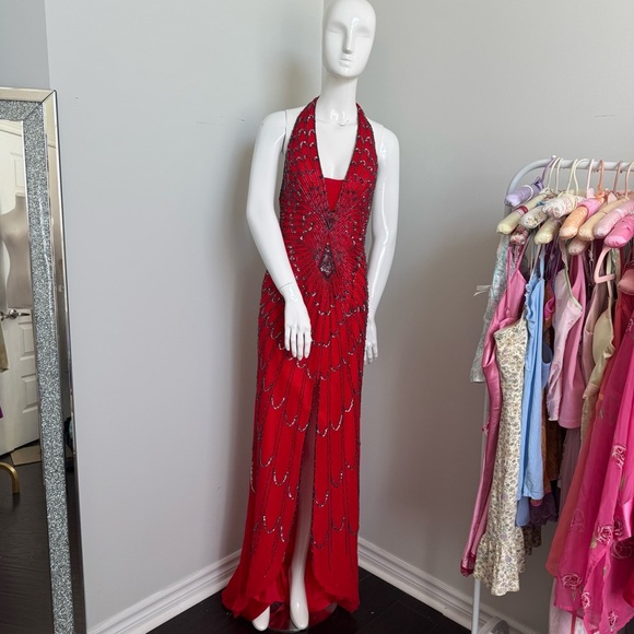 Vintage Red Beaded Gown Art Deco Revival Halter Dress | Old Hollywood Glamour 4 - Picture 6 of 12